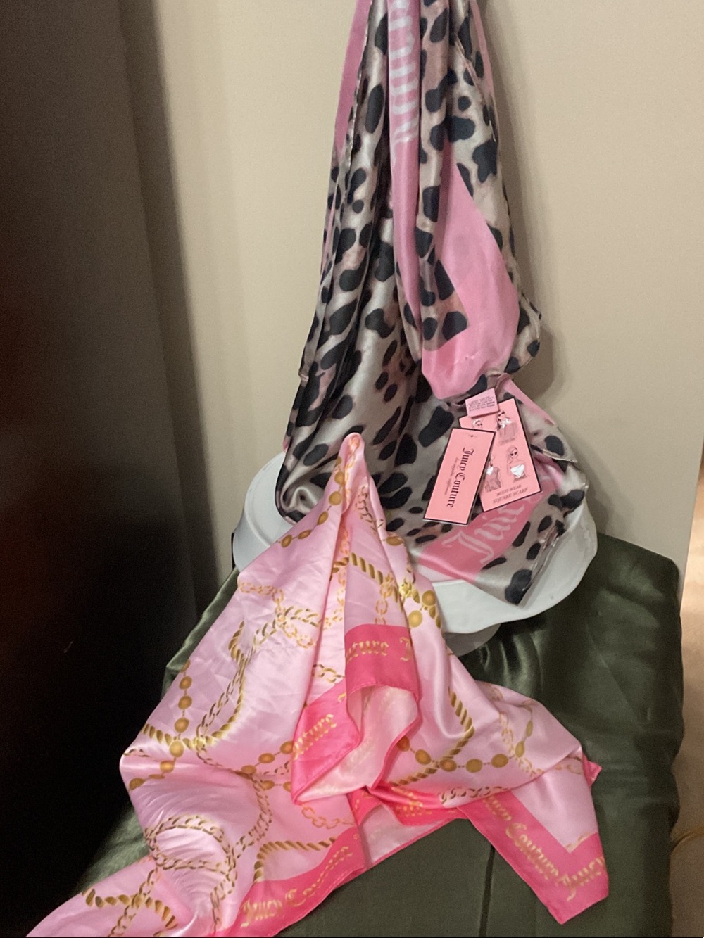 Juicy Couture Pink Leopard and Chain Print Silk Scarves Set